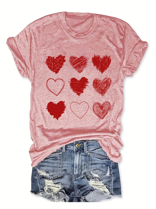 T-shirt graphique décontracté femme à cœurs dessinés style romantique pour loisirs et sorties