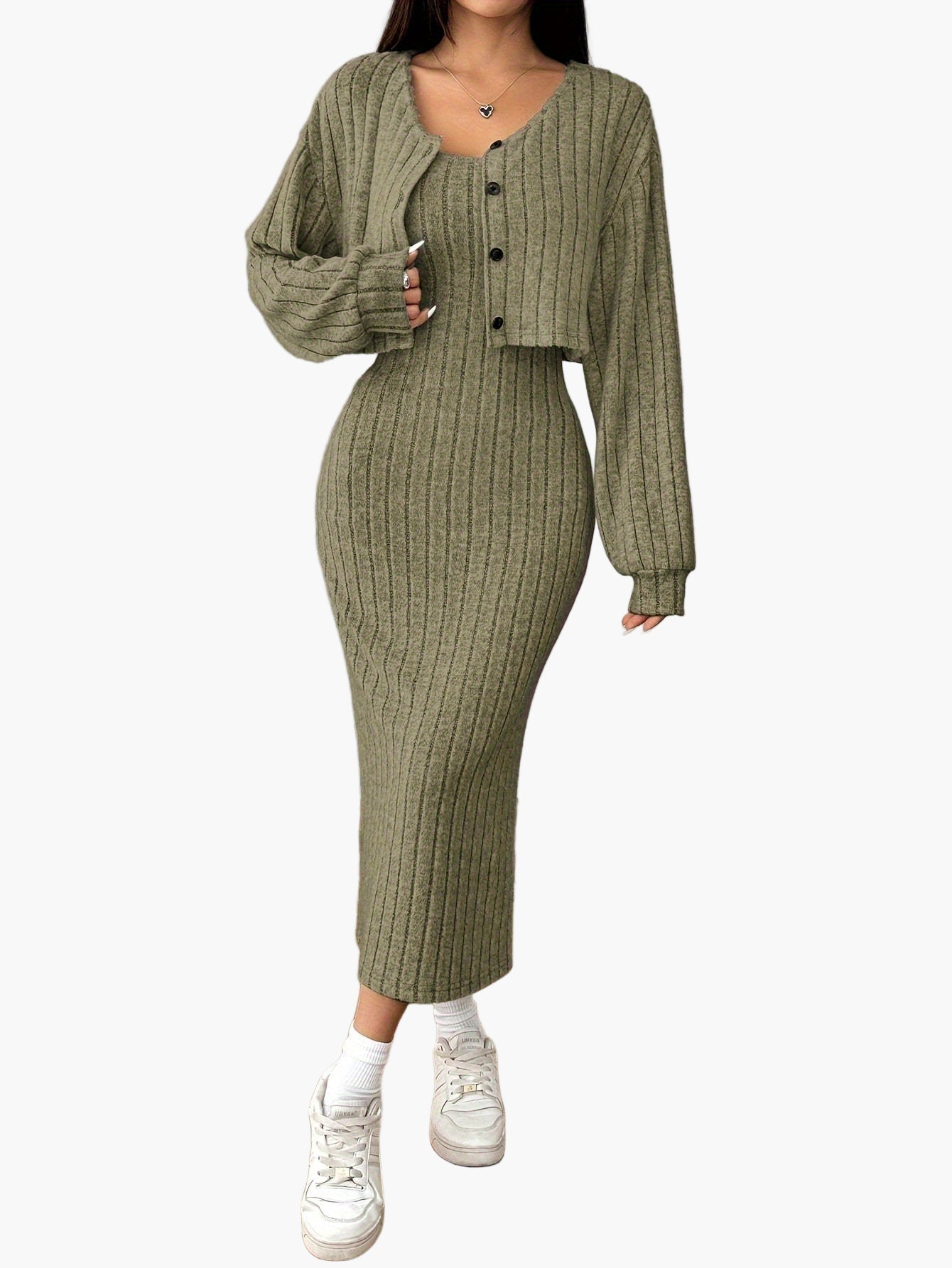 Ensemble Femme Élégant Deux Pièces Pull Boutonné et Jupe Longue Style Décontracté Printemps Automne