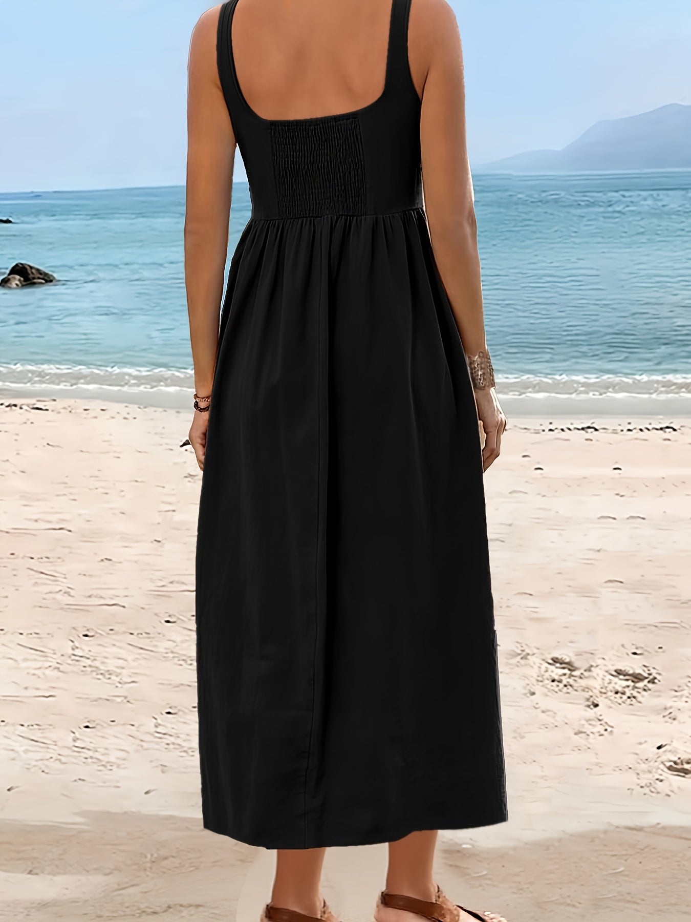 Robe Femme Midi Style Bohème Col Carré Sans Manches pour Vacances