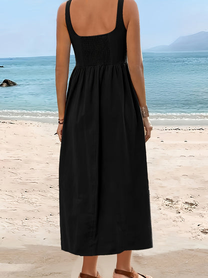 Robe Femme Midi Style Bohème Col Carré Sans Manches pour Vacances