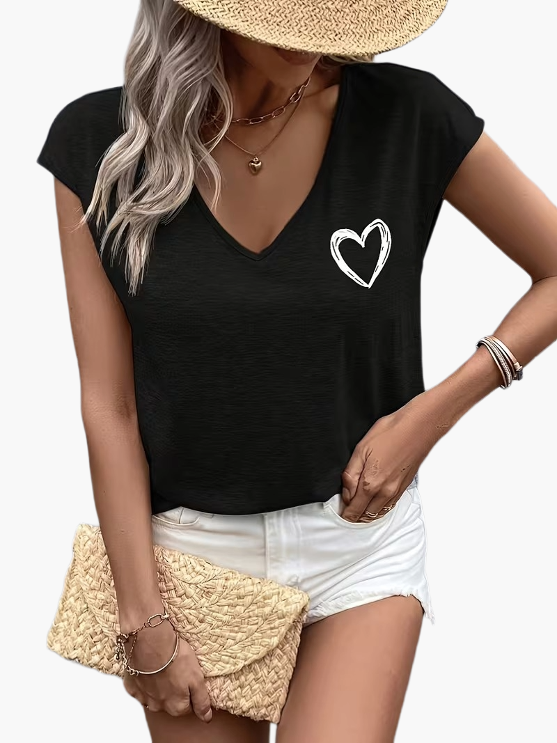Dames T-shirt met V-hals en hartmotief, zomerse stijl