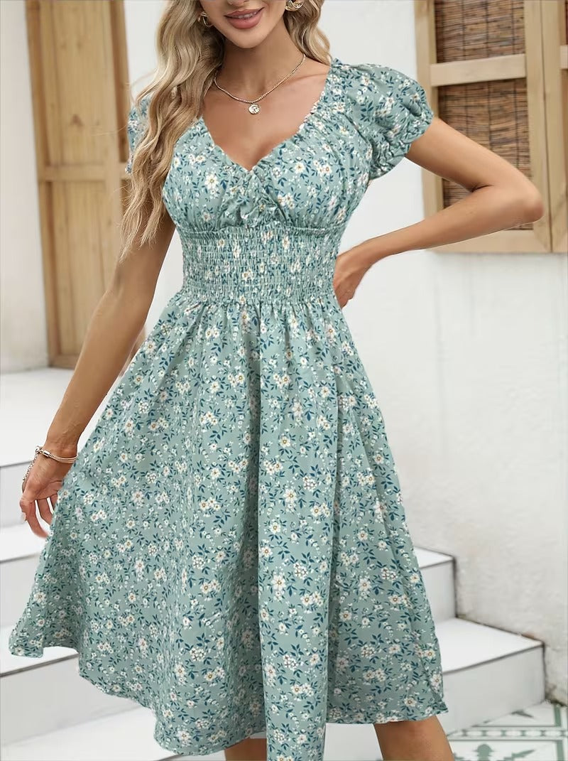 Robe d'été élégante femme style bohème à manches courtes motif fleuri, usage quotidien et sorties