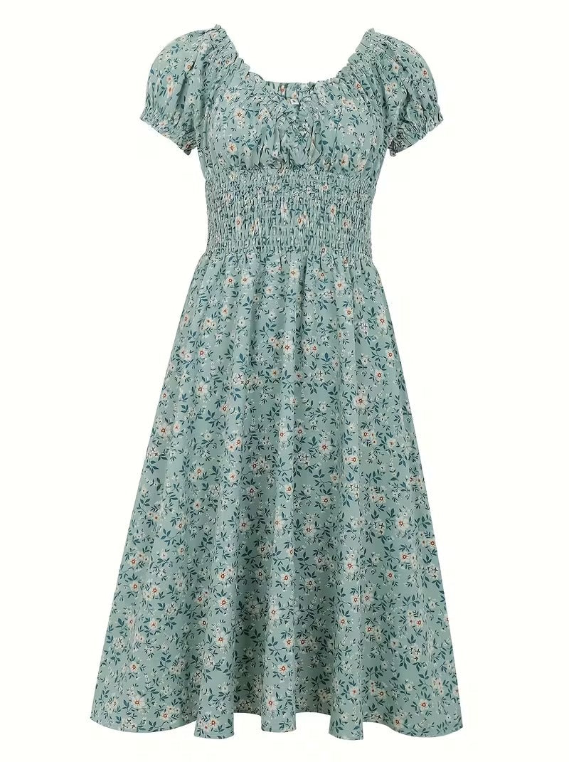 Robe d'été élégante femme style bohème à manches courtes motif fleuri, usage quotidien et sorties