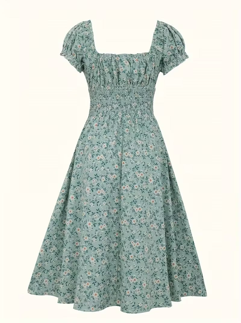 Robe d'été élégante femme style bohème à manches courtes motif fleuri, usage quotidien et sorties