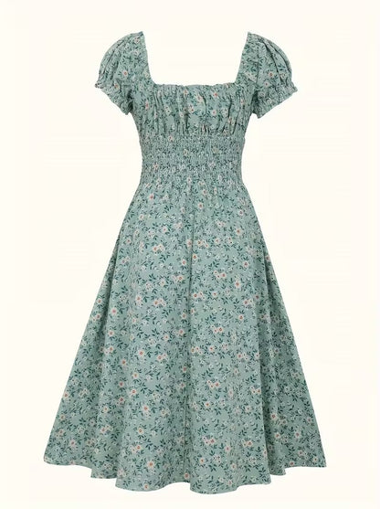 Robe d'été élégante femme style bohème à manches courtes motif fleuri, usage quotidien et sorties