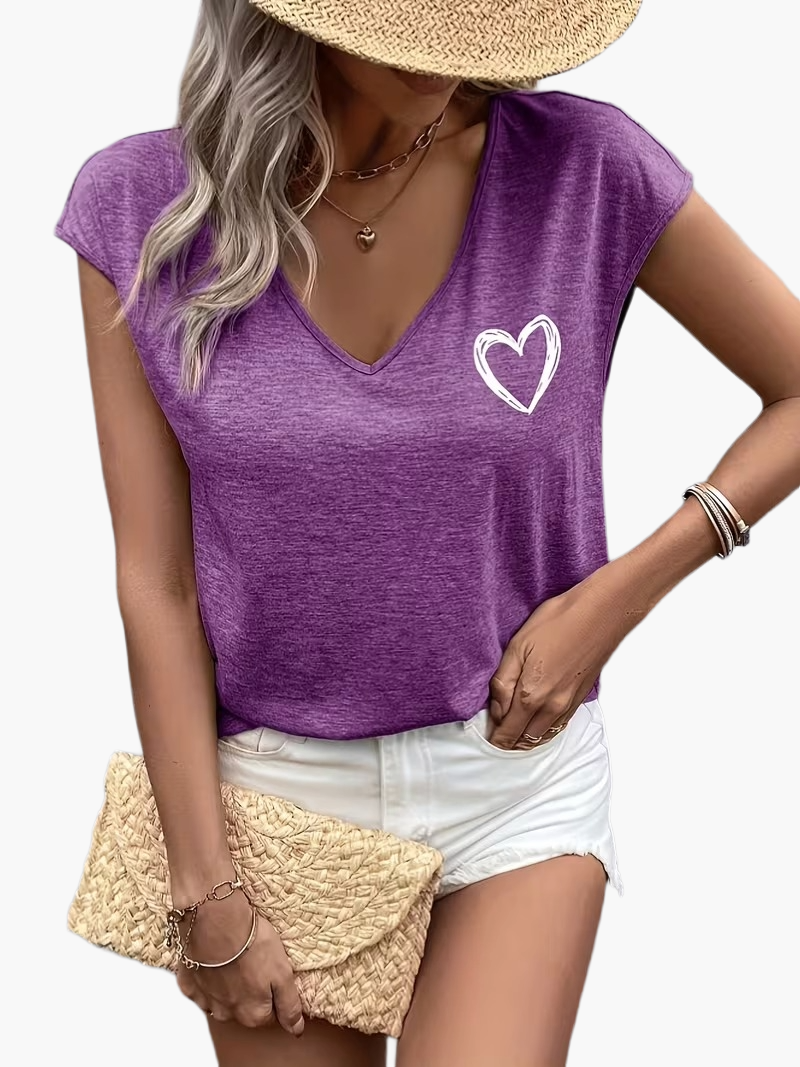 Dames T-shirt met V-hals en hartmotief, zomerse stijl