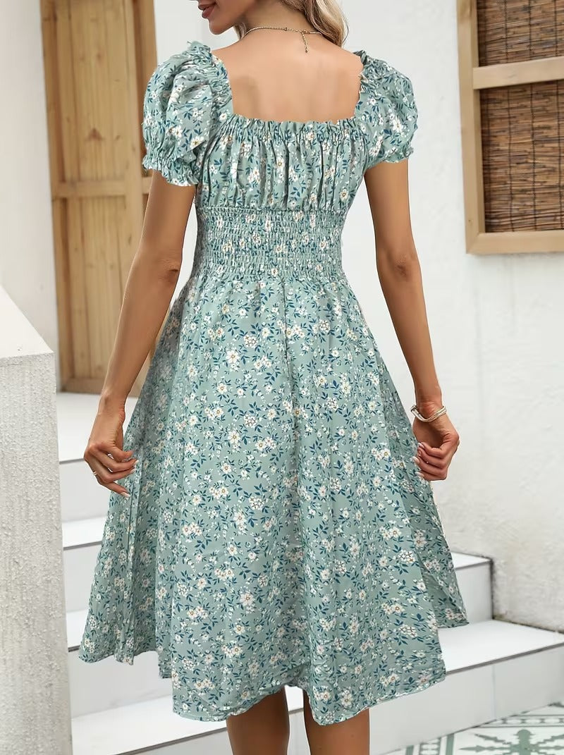 Robe d'été élégante femme style bohème à manches courtes motif fleuri, usage quotidien et sorties
