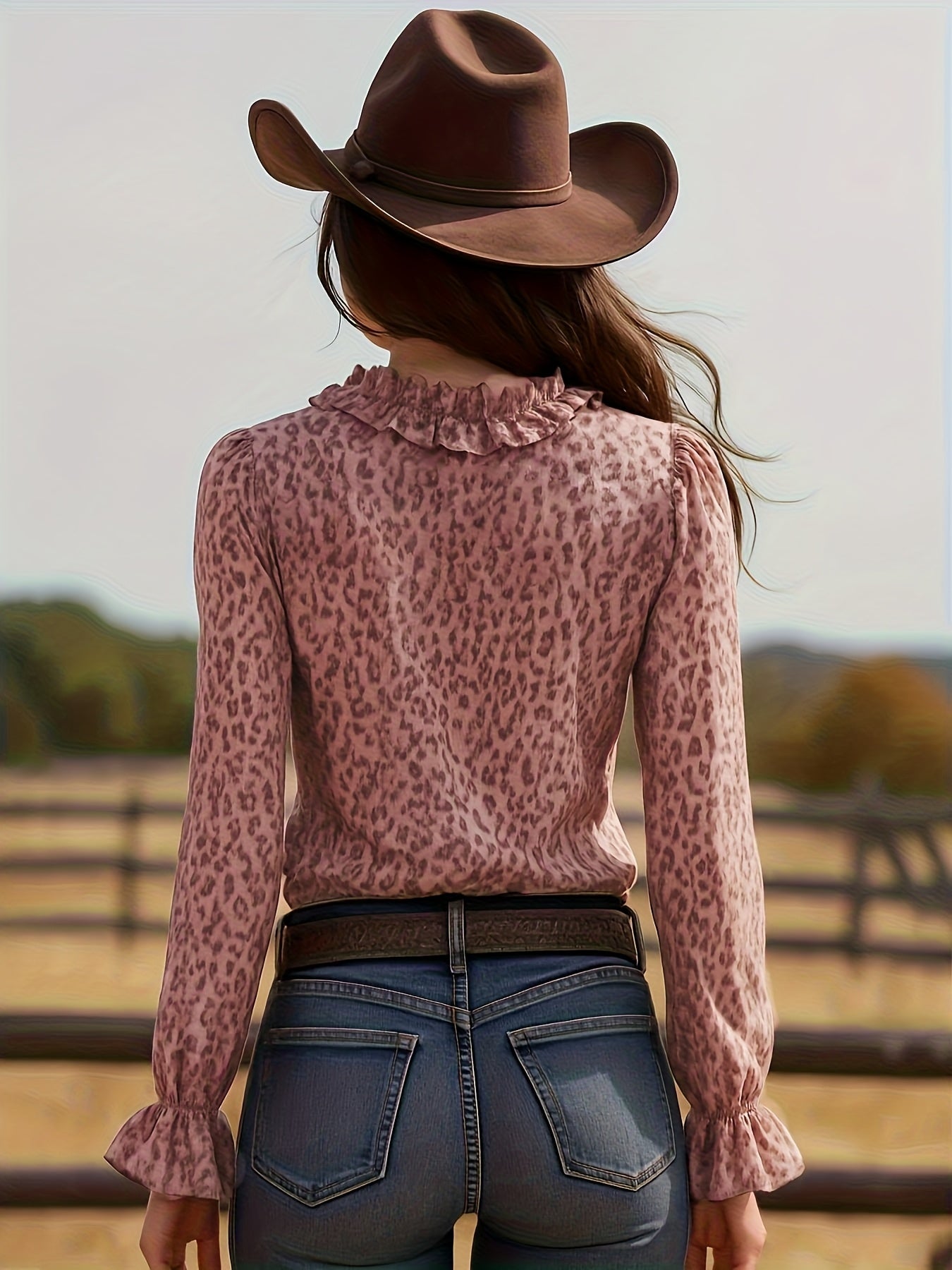 Camicia Donna Elegante con Volant Stampa Leopardo Stile Romantico per Uscite e Serate