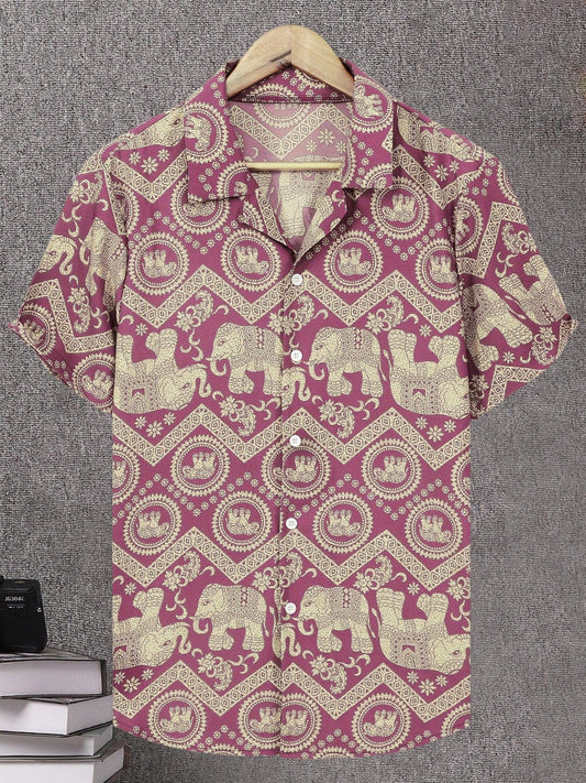 Men's short-sleeve resort-style shirt with elephant and mandala patterns – Ideal for vacations and summer outings