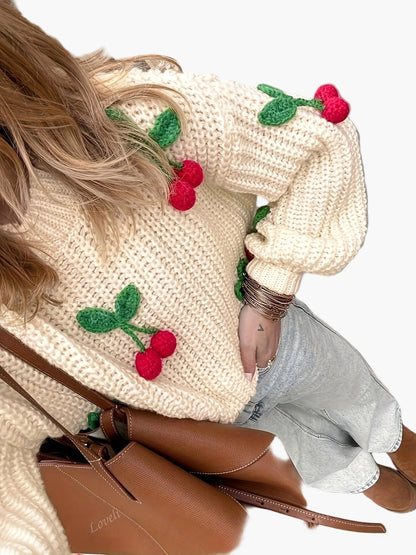 Pull femme style décontracté avec cerises brodées, manches longues, idéal automne-hiver