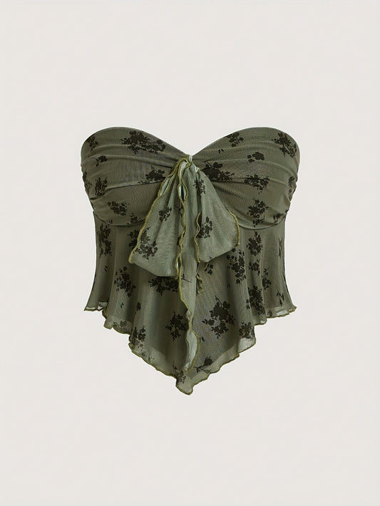 Top bustier femme élégant à fleurs volantées pour sorties et soirées