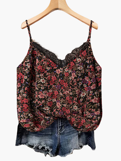 Top donna con spalline sottili, stile bohémien floreale, ideale per estate e vacanze