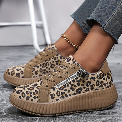 Sneakers Donna Leopardo alla Moda con Lacci, Zeppa e Cerniera - Stile Urbano Casual