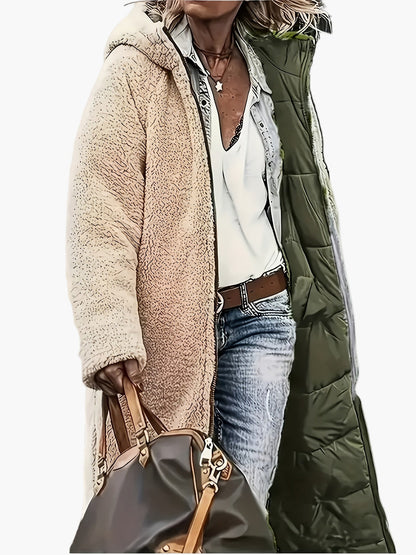 Manteau long d'hiver femme style décontracté avec capuche et doublure chaude, idéal pour les voyages et le quotidien