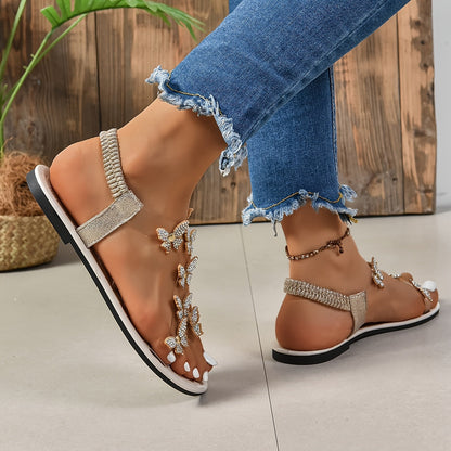 Sandales plates fantaisie papillon strass pour femme, style élégant et tendance été