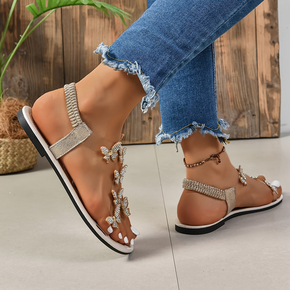 Sandales plates fantaisie papillon strass pour femme, style élégant et tendance été
