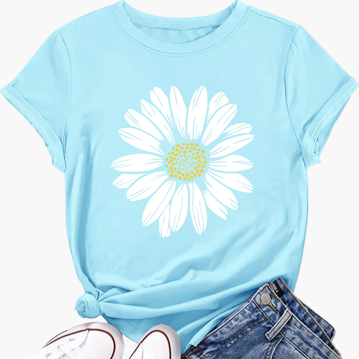 T-shirt femme décontracté motif marguerite pour look estival et tendance