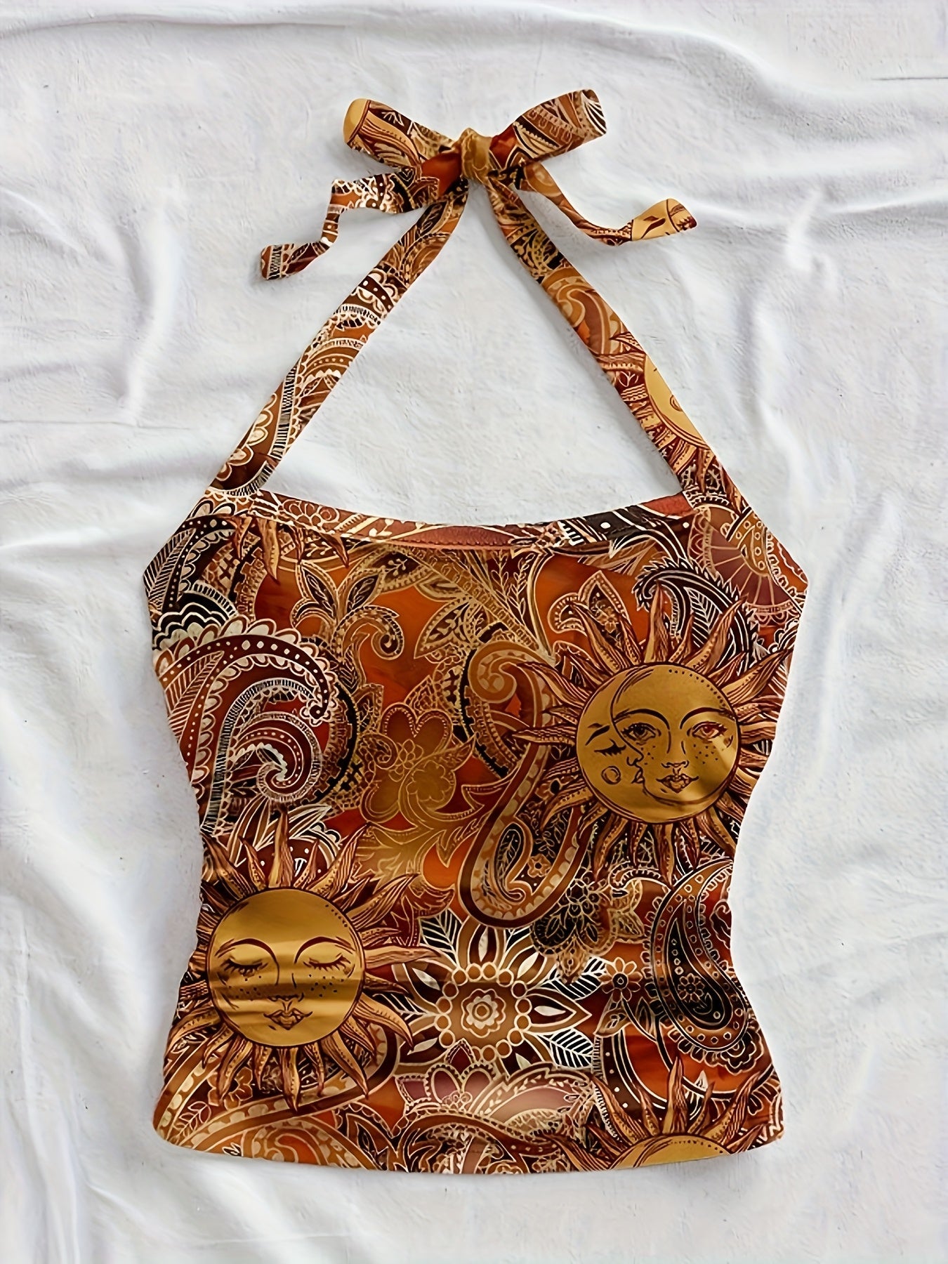 Haut dos nu femme style vintage bohème imprimé soleil et lune pour été