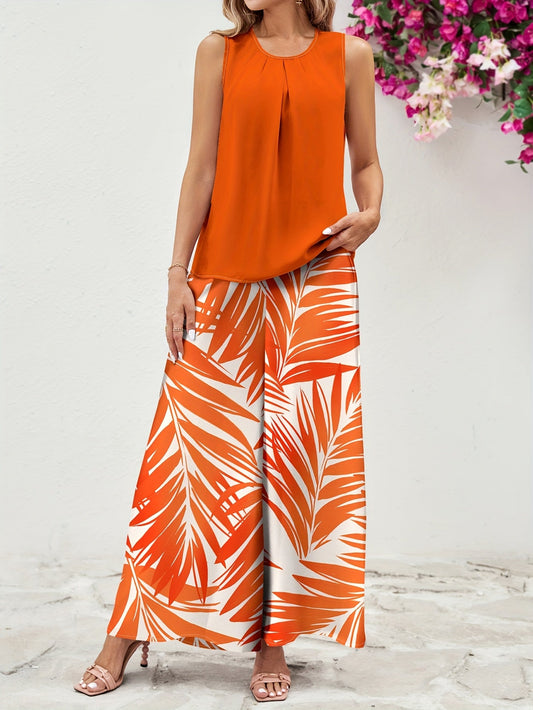 Ensemble décontracté femme – Tenue chic tropicale à motif feuillage, style ample idéal été et vacances