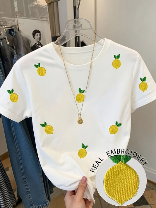 T-shirt décontracté pour femme motif citrons brodés style fruité tendance