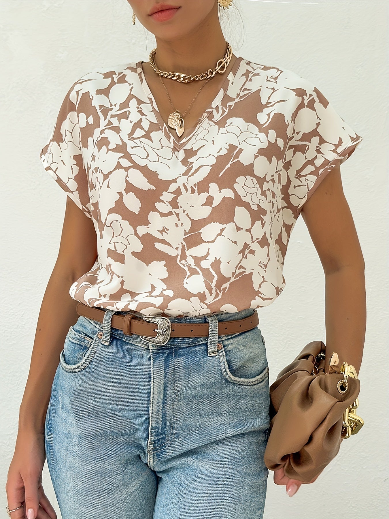 Blouse Femme Élégante Style Floral Col V pour Usage Quotidien et Professionnel