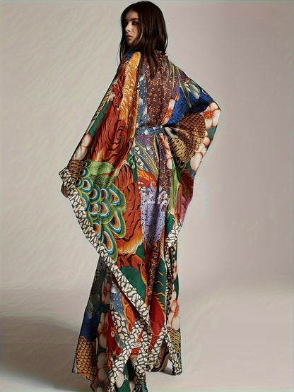 Kimono Kaftan lungo da donna stile orientale con stampa artistica per serate o vacanze