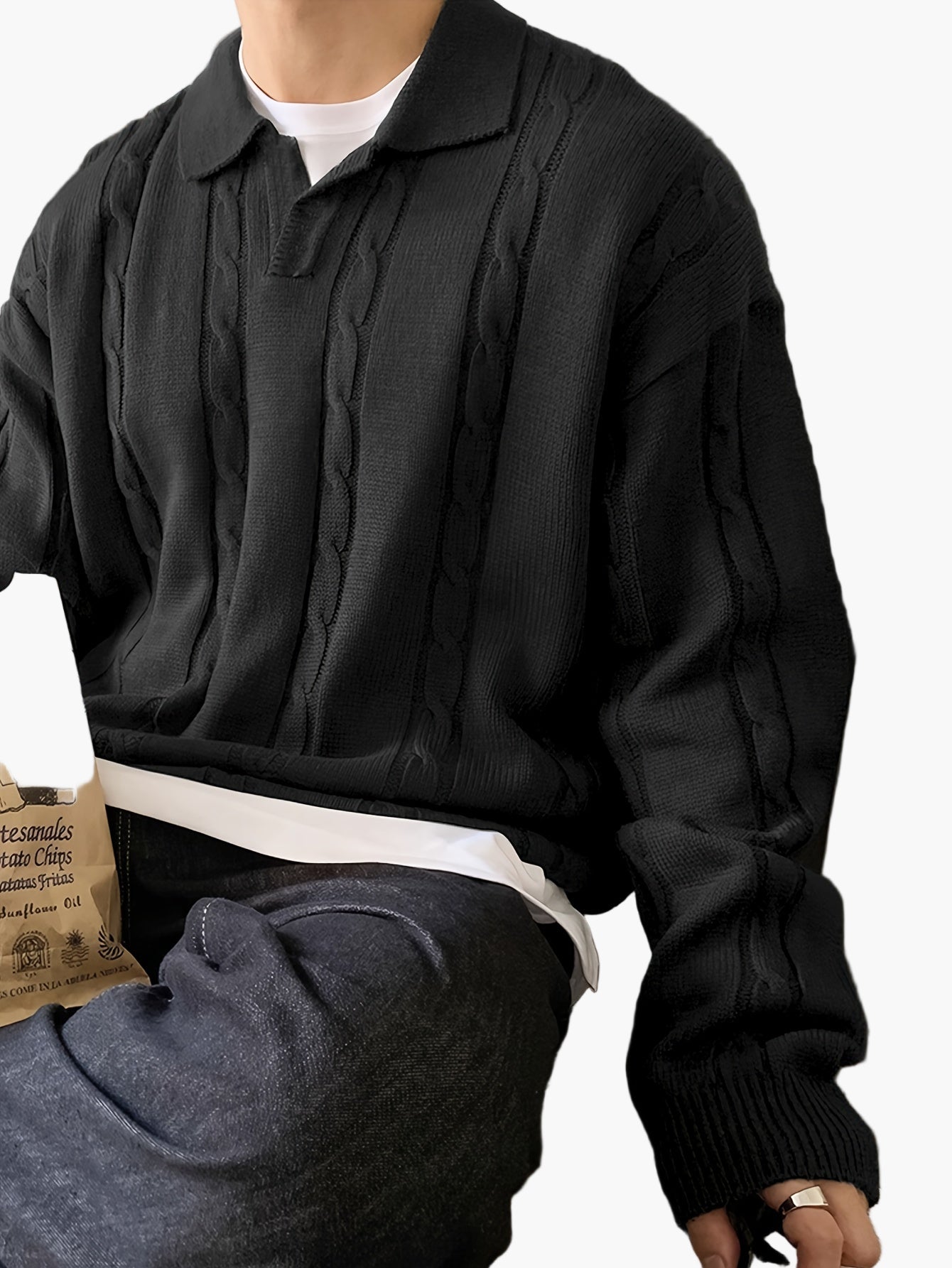 Pull polo décontracté homme style torsadé manches longues pour loisirs et sorties