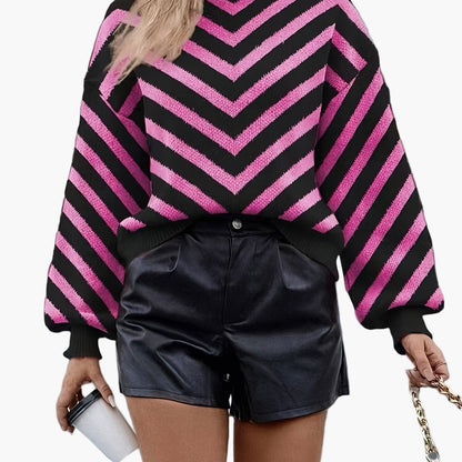 Pull élégant à rayures chevrons pour femme, style automne/hiver, manches longues, coupe décontractée