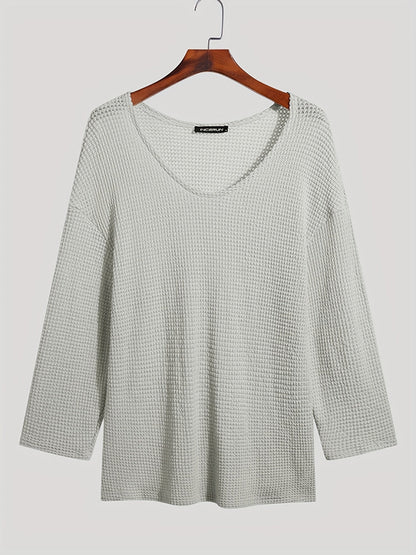 Maglione casual da uomo con scollo a V in maglia traforata, ideale per tutte le stagioni