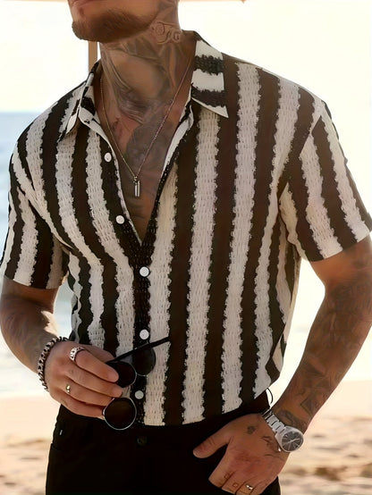 Chemise Resort Homme à Manches Courtes Style Moderne – Rayures Verticales, Look Urbain Décontracté
