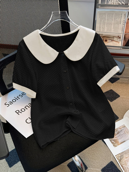 Chemisier élégant pour femme à col Claudine style rétro, manches courtes, idéal pour le bureau ou les sorties