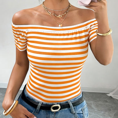 Top Women Off-Shoulder Bardot Style Striped – Elegant and Modern for Casual or Chic Look