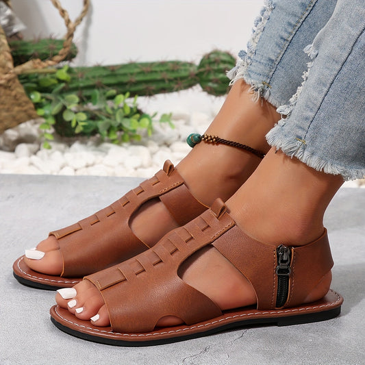 Sandales plates d'été pour femme style gladiateur à bout ouvert avec fermeture éclair