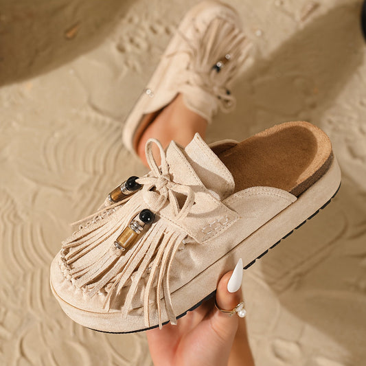 Mules Femme Style Bohème à Franges et Perles – Sandales Confort Été Mode Décontractée