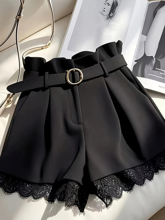 Women's high-waisted paperbag style shorts with belt and elegant lace trim