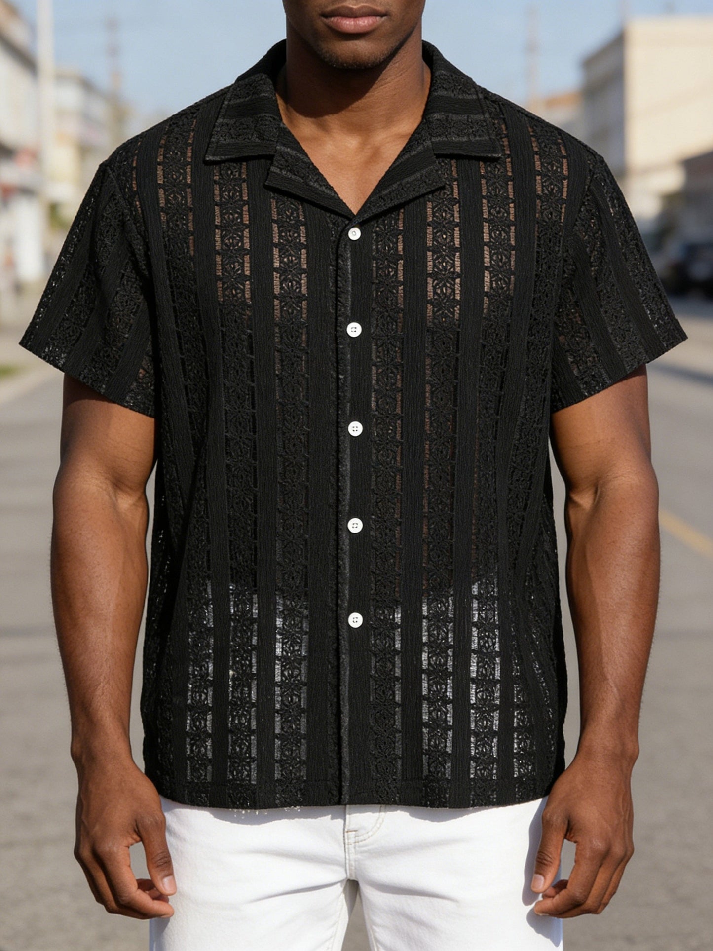 Camisa de vacaciones para hombre de manga corta, estilo resort, elegante y calada