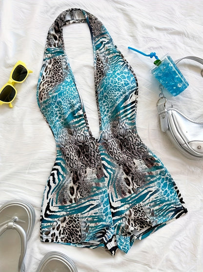 Tuta corta intera donna stile animalier, scollatura profonda, tendenza estate, ideale per spiaggia e vacanze