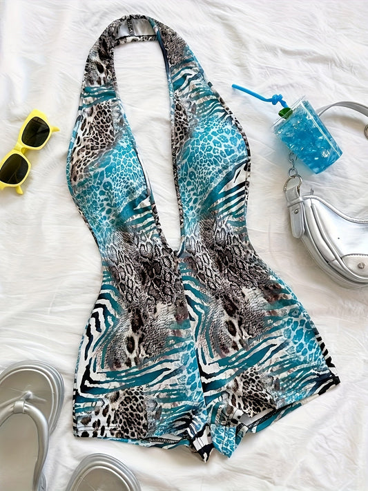 Combinaison short une pièce femme style animalier, décolleté plongeant, tendance été, idéale plage et vacances