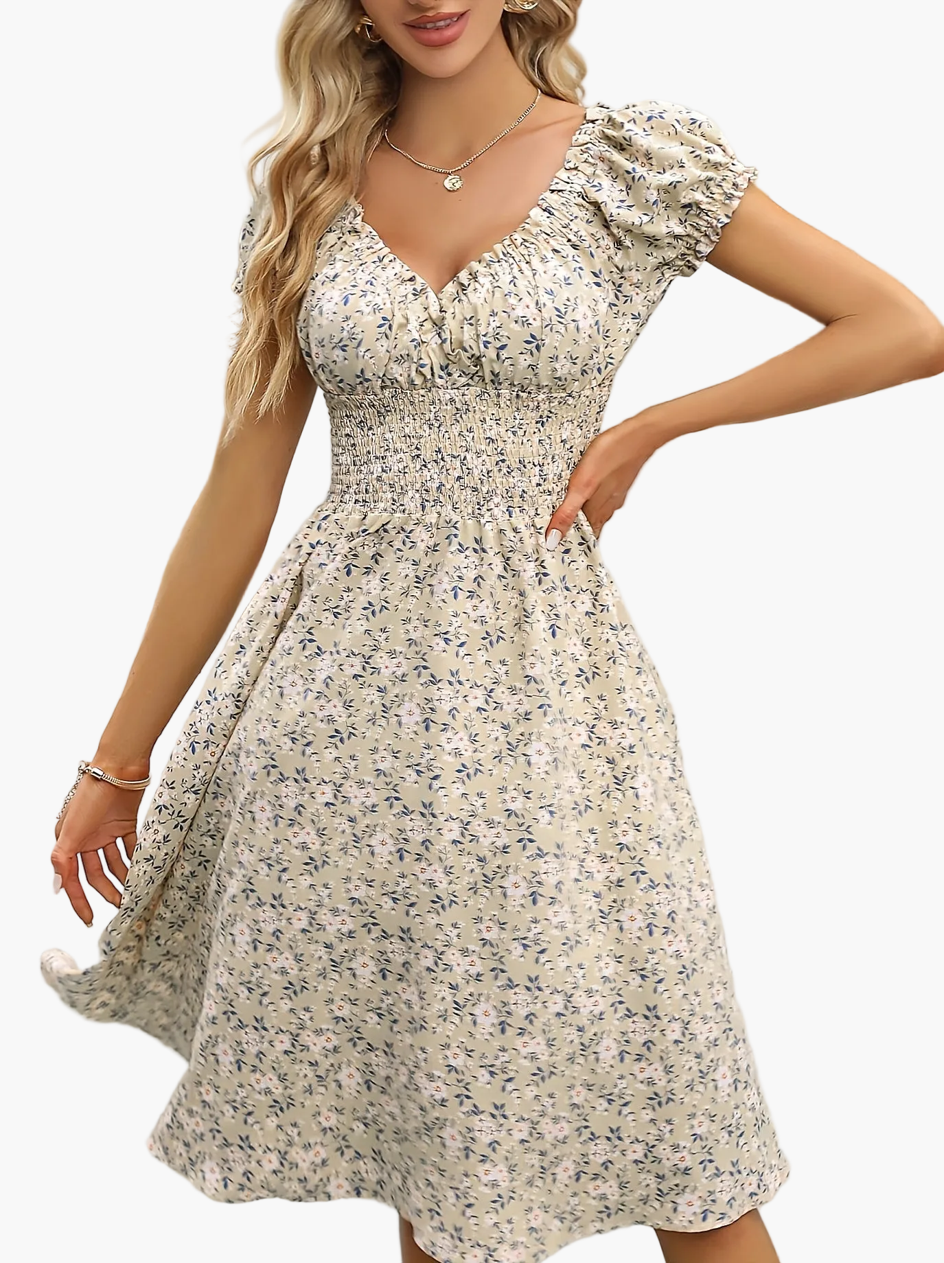 Robe d'été élégante femme style bohème à manches courtes motif fleuri, usage quotidien et sorties
