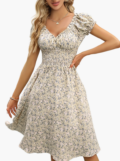 Robe d'été élégante femme style bohème à manches courtes motif fleuri, usage quotidien et sorties
