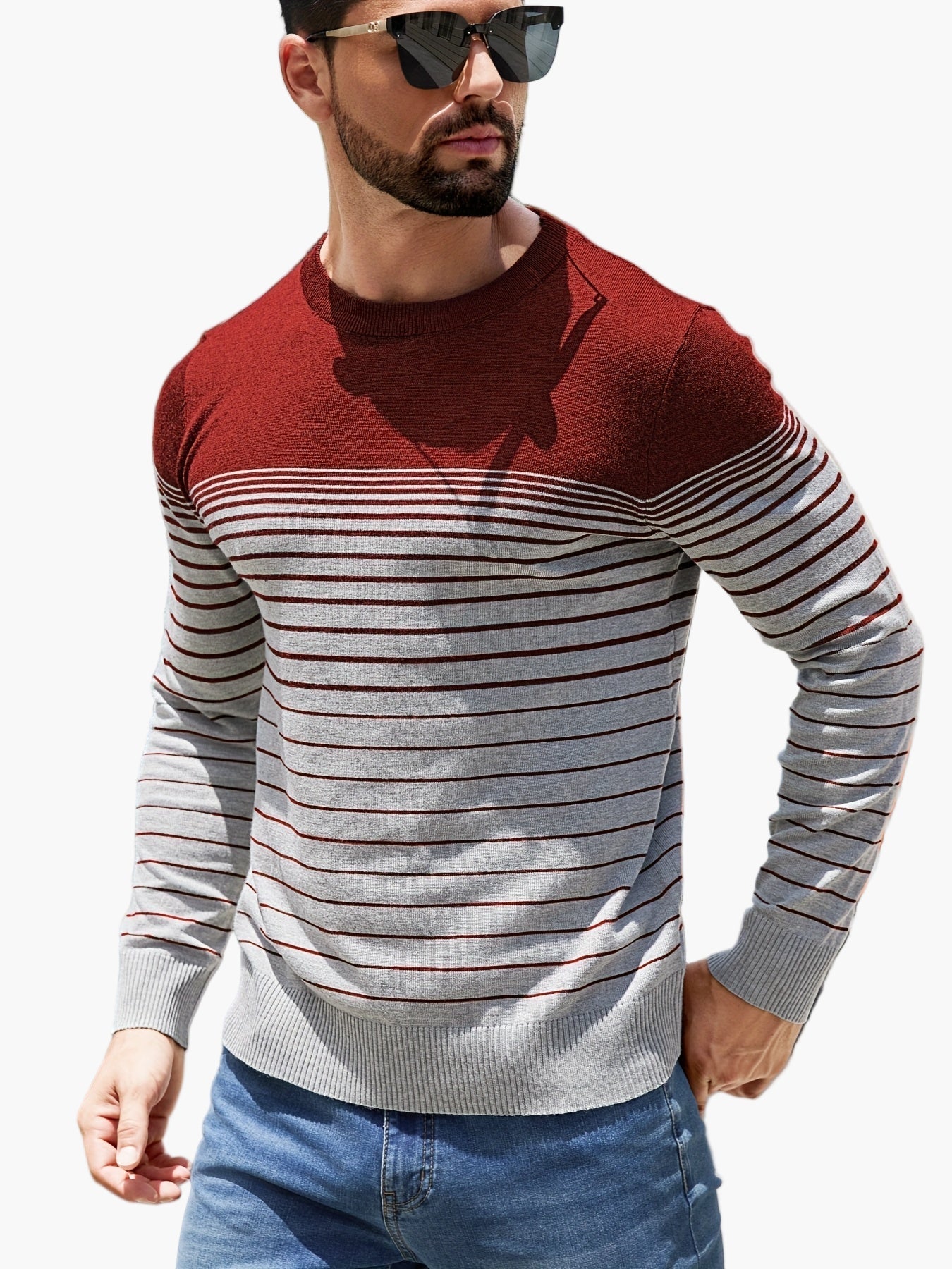 Pull à rayures pour homme style casual – Manches longues, col rond, idéal pour le printemps et l'automne