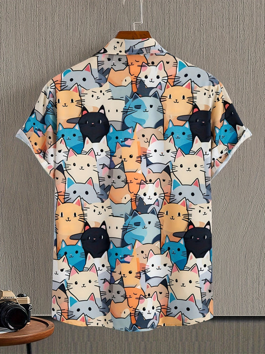 Men's casual short-sleeve shirt with playful cat print