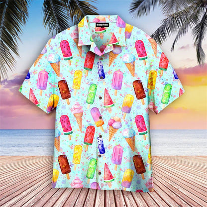 Chemise hawaïenne homme imprimé rétro glaces – style estival original pour loisirs, plage et fêtes