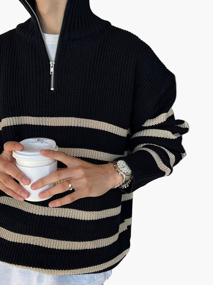 Pull décontracté zippé à rayures pour homme style automne-hiver