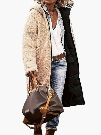 Manteau long d'hiver femme style décontracté avec capuche et doublure chaude, idéal pour les voyages et le quotidien