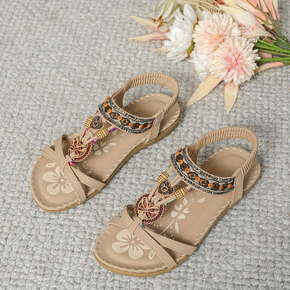 Women's Bohemian Slip-On Sandals with Ornaments and Ankle Strap - Casual Chic Style