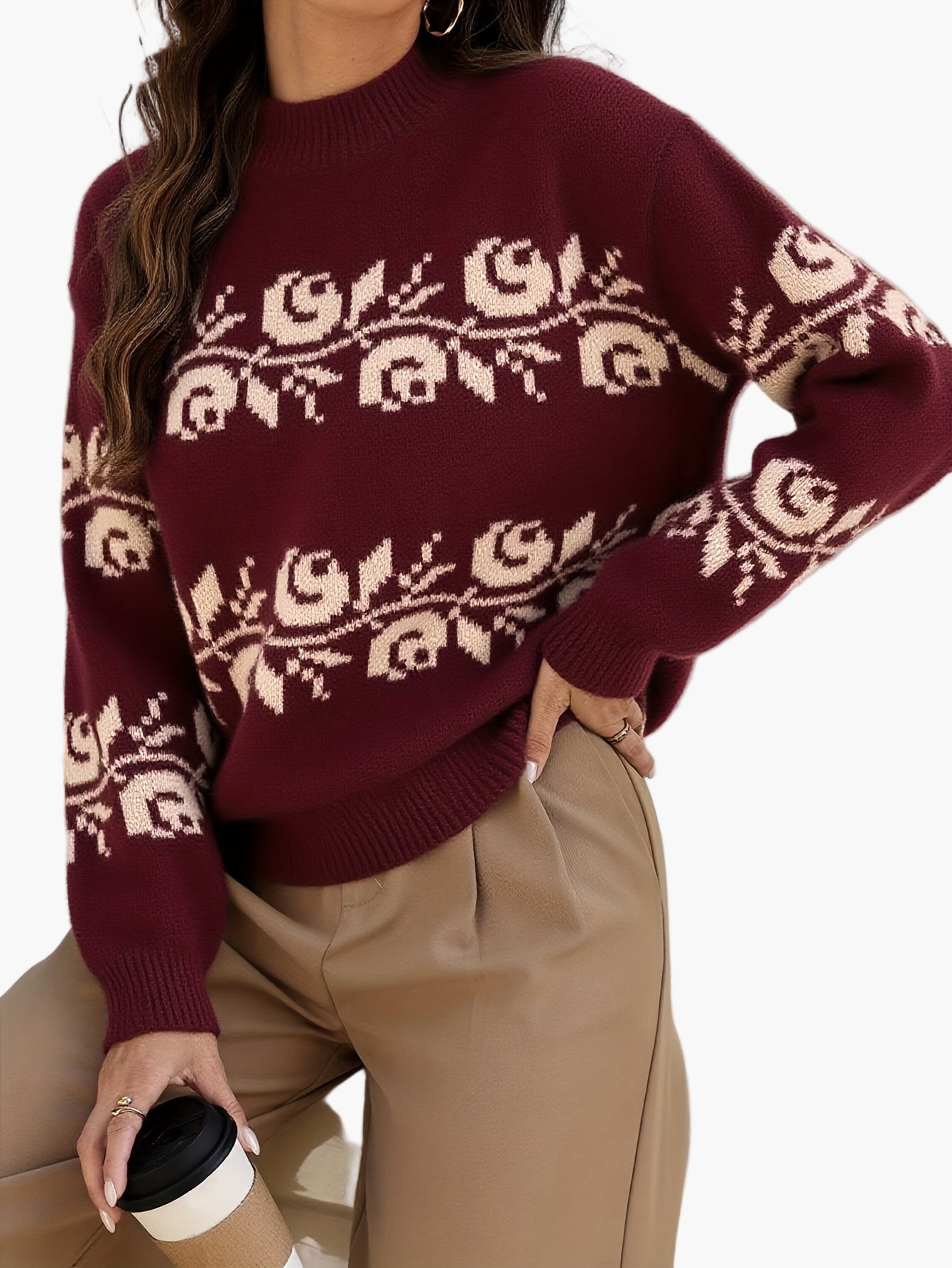 Pull jacquard à fleurs élégantes pour femme, style automne-hiver, manches longues