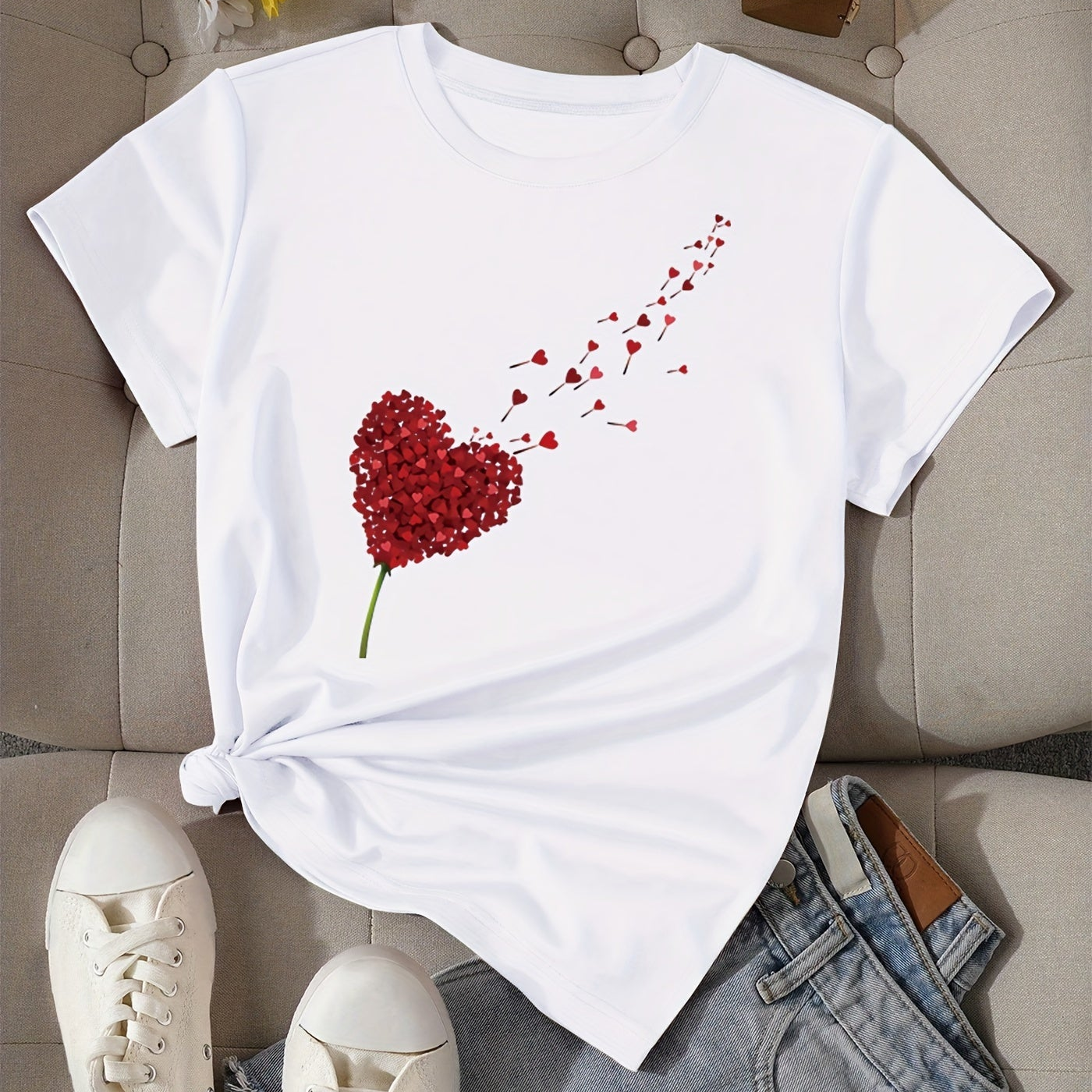 T-shirt Donna Stile Casual con Stampa Cuore Volante per un Look Estivo e Moderno