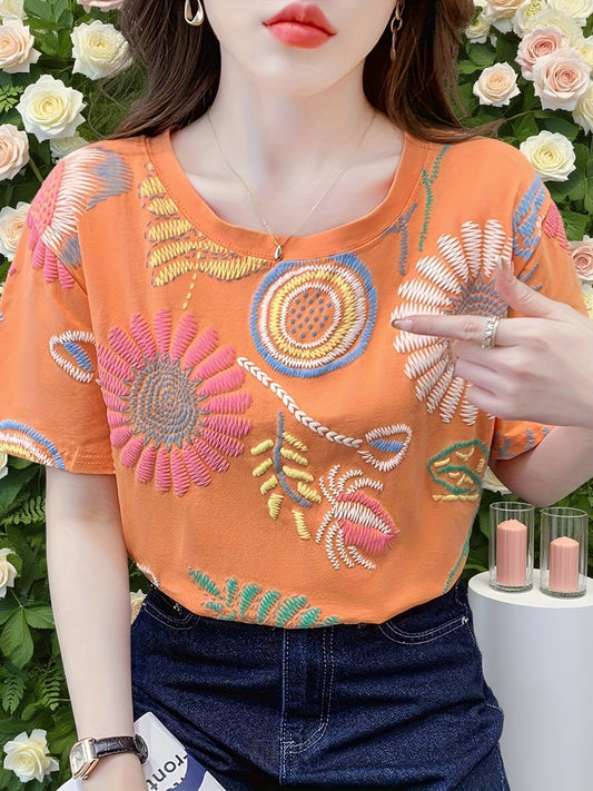 T-shirt femme style chic à motifs brodés géométriques manches courtes pour l'été