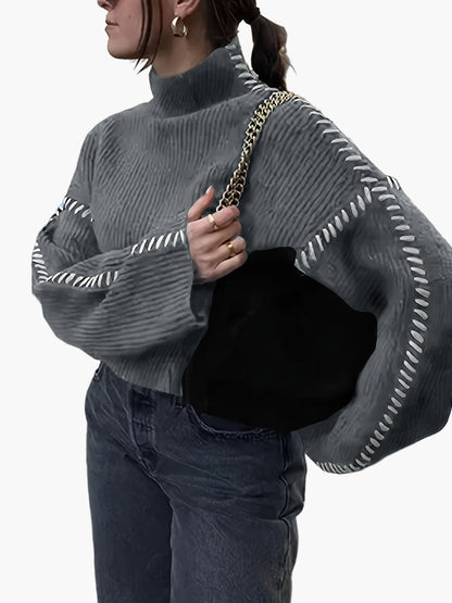 Pull femme style décontracté col montant manches larges détails couture tendance automne hiver